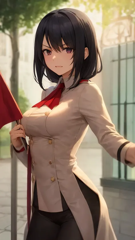 An angry Turkish anime girl with black hair, purple eyes, wearing a Turkish military uniform, holding a Turkish flag