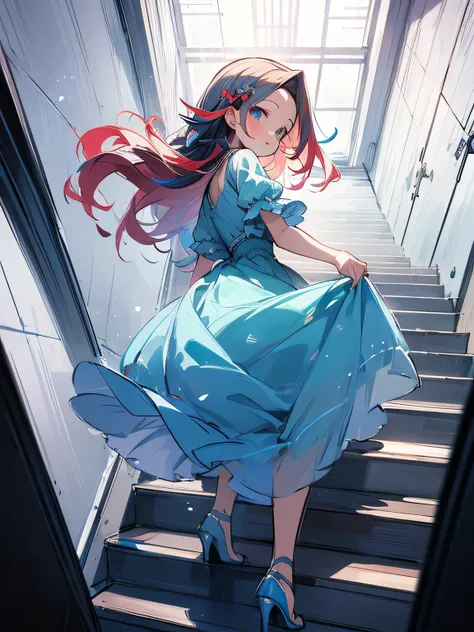 undersideview,solo,looking at viewer:1.3,multicolor loose sidedrill hair,big forehead,Aurora colored dress,glass high heels,climbing (transparent stairs),midnight darkness,(manga style),(sketch),(illustration),