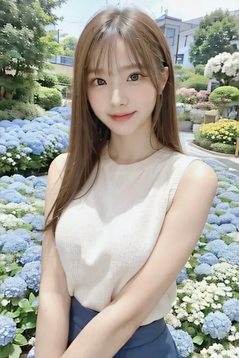 A photo of an extremely beautiful Japanese woman with long hair, blue eyes, and light makeup wearing a brown, diamond-patterned, sleeveless sweater over a white shirt and a beige skirt, smiling in front of a stunning blue hydrangea flower field in Japan, p...