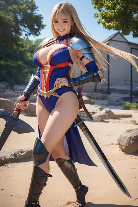 ((highest quality)), (be familiar with), perfect face, Japanese, girl, smile, Full body Esbian:1.5, big breasts:1.5, Woman warrior:1.5, high-leg Racing-Style swimsuit Monokini armor:1.5, adventurer, huge sword, huge sword, huge sword, huge gun, Sony FE GM