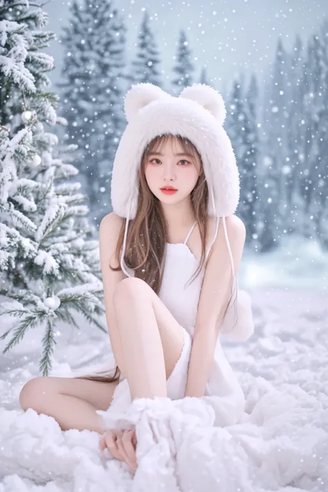 araffe woman in a white dress and a white hat sitting in a pile of snow, belle delphine, pale snow white skin, ulzzang, in snow, very beautiful cute catgirl, snowy winter, winter princess, white snow, sakimichan, white ( cat ) girl, lalisa manobal, dilraba...