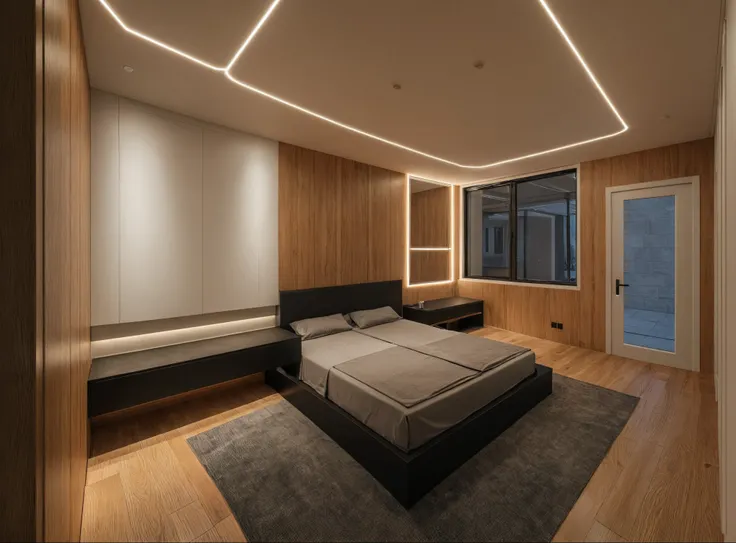Raw photo, Masterpiece, high quality, best quality, realistic, super detailed, wooden bed wall, Glass window,
Modern interior, indoor, modern style bedroom, bed carpet, lights, lines
, (daylight:1.1), vivid colors, (realistic:1.2),