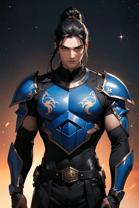 A man dressed in black armor with a scorpion motif.A beautiful man. He is a large man with muscular muscles. She has long black hair and ties it into a bun. The face is slightly square and angular. Late twenties. Copper-colored skin. He wears black, scorpi...