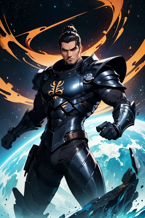 A man dressed in black armor with a scorpion motif.A beautiful man. He is a large man with muscular muscles. She has long black hair and ties it into a bun. The face is slightly square and angular. Late twenties. Copper-colored skin. He wears black, scorpi...