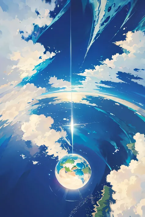 a floating earth above a calm, reflective water surface, 45 degree aerial view, hyperrealistic, 8k, high detail, bright, beautiful, serene landscape, ethereal atmosphere, mesmerizing, cinematic, epic, awe-inspiring