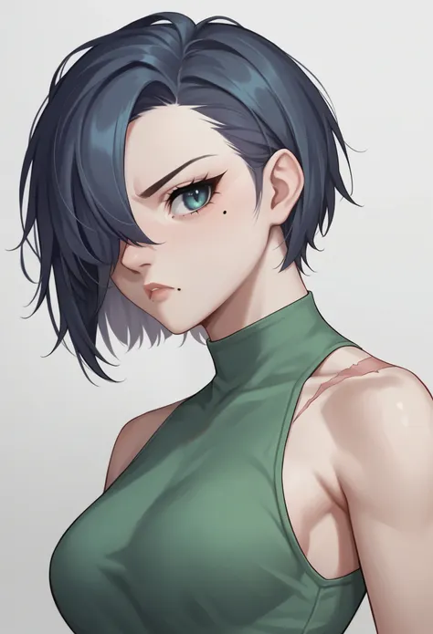 score_9, score_8_up, score_7_up, score_6_up, score_5_up, score_4_up, source_cartoon, rating_safe, by dayo34, 1girl, pale skin, beauty mark under one eye, pout, large eyelashes, green shirt, medium breasts, portrait, torso shot, bob cut, shoulder lenght hai...