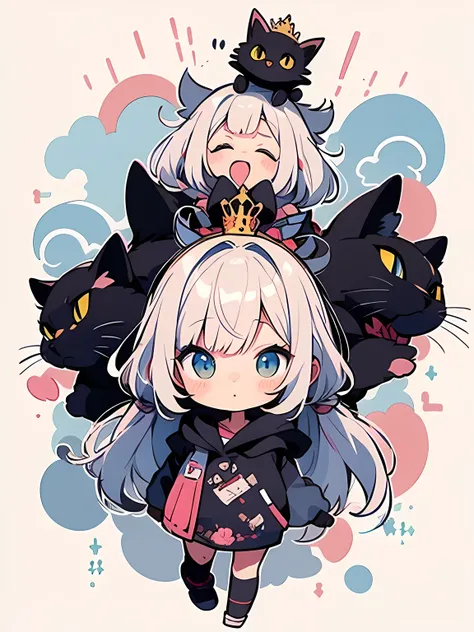 fullbody,(chibi animal),(no humans),Black cat with a crown on head, (manga style), (sketch), (illustration),