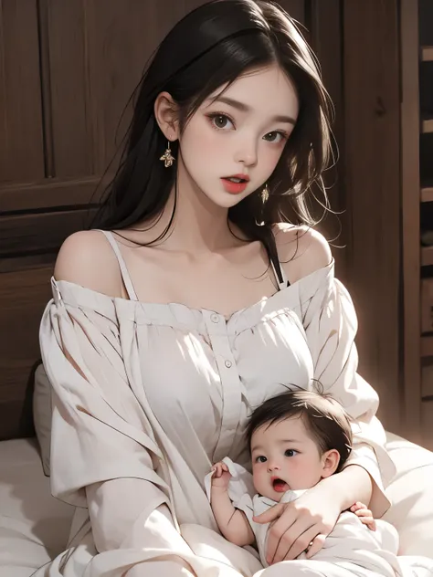 1 girl breastfeeding her baby，Wear a suspender nightdress，Off-shoulder，Baby is sucking on the nipple