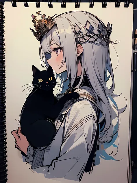 sideview,whole body,(animal),(no humans),Black cat with a crown on head, (manga style), (sketch), (illustration),