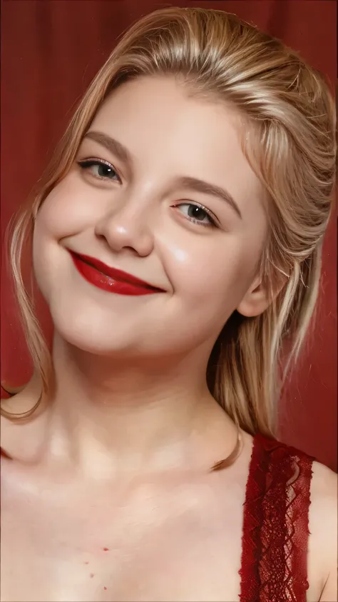 face shot, close face shot, face portrait, close up zoom on face portrait art by Albert Lynch, John Singer Sargent and James Tissot, blonde hair, back ponytail, seductive smile,cute smile, wearing red G-string, sexy woman, hot, intricate, masterpiece, beau...