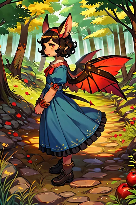 masterpiece, top quality, best quality, A gril,black hair,short hair,slightly curly hair，fair skin，brown eyes，red headband,nimal ears,fairy wings,puff sleeves,Blue and yellow long skirt,Damaged apples all over the ground,in the forest