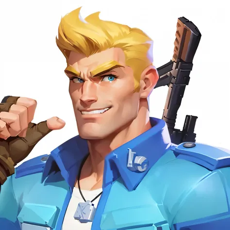 a close up of a cartoon character holding a gun, character art the contra, john alvin, hero character art, heroengine, character artwork, portrait of doc savage, thertrevkaiser, duke nukem art style, mobile game art, high detail iconic character, avatar im...