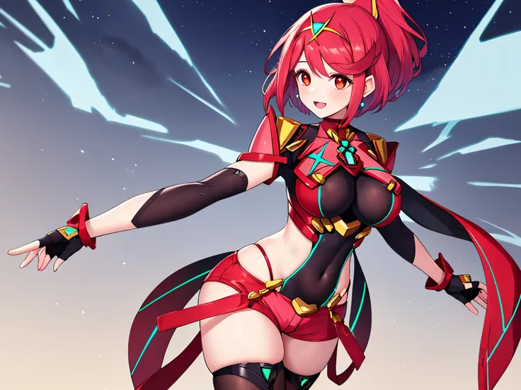 pyra (xenoblade), young_teen_1girl, armor, bangs, black gloves, breasts, red eyes, closed mouth, earrings, eyelashes, fingerless gloves, floating hair, framed breasts, gem, gloves, hair ornament, headpiece, jewelry, large_breasts, leaning back, leotard, ne...