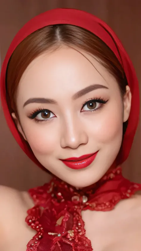 ((Realistic lighting, Best quality, 8K, Masterpiece: 1.3)), Clear focus: 1.2, 1 indonesian hijab girl, lolita , Perfect close up, beauty nude, naked, (Red hijab, medium saggy breasts: 1.3), lace material, (indoor, night: 1.1), porn studio background, Supe...