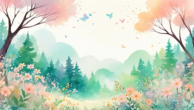 watercolor anime style, (Floral) digital art,pastel light color background, Cute art, blown by the wind, beautiful forest whimsical