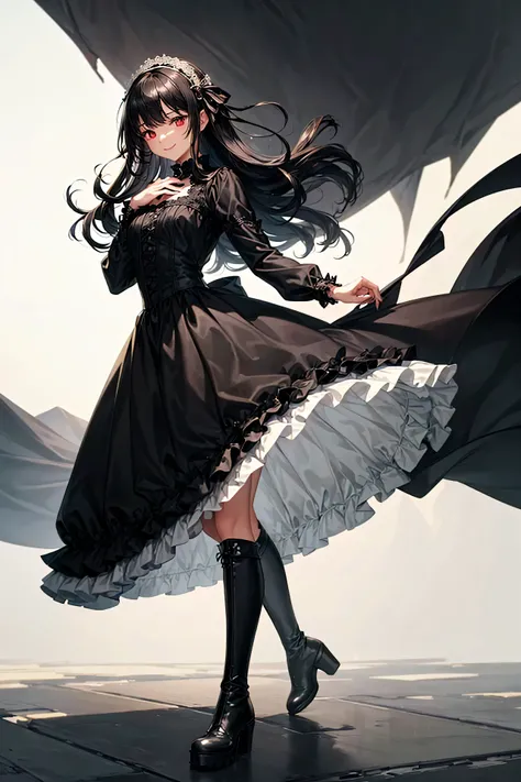 (Highest Resolution, clear_image,1 person), (Best Quality, masterpiece, Very detailed, Semi-realistic,Grayish black hair,Straight bangs,Handsome,Adult women,Black Gothic Dress,Ruffled Skirt,Skirt length reaching the knee,Lavish decoration,Long black hair,B...