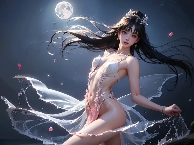  (High quality details), 1 Girl, solo, Young women, Elegant Posture, ((night, moonlight)), (Female figure，Lying in the water naturally，River Water，rock, Relaxed expression), (Focus on natural body posture and correct anatomy:1.3), (Perfect leg proportions:...