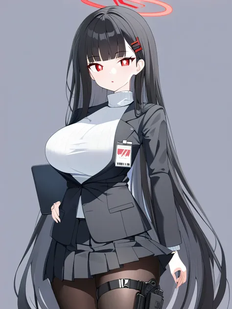 1girl, holster, skirt, thigh_holster, pantyhose, halo, breasts, red_eyes, long_hair, solo, black_hair, large_breasts, very_long_hair, turtleneck, jacket, pleated_skirt, hand_on_hip, black_pantyhose, tablet_pc, black_jacket, looking_at_viewer, holstered_wea...