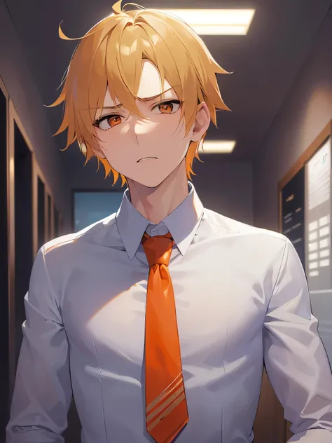 upper body、shiny skin、masterpiece、Best Quality、break (2 male:1.5) and (Blonde short hair) and (Orange eyes), (Wearing a suit:1.3) and (tie) break 立っている、(scowl:1.3)、The background is the office、(alone:1.5)、The upper body is shown、
