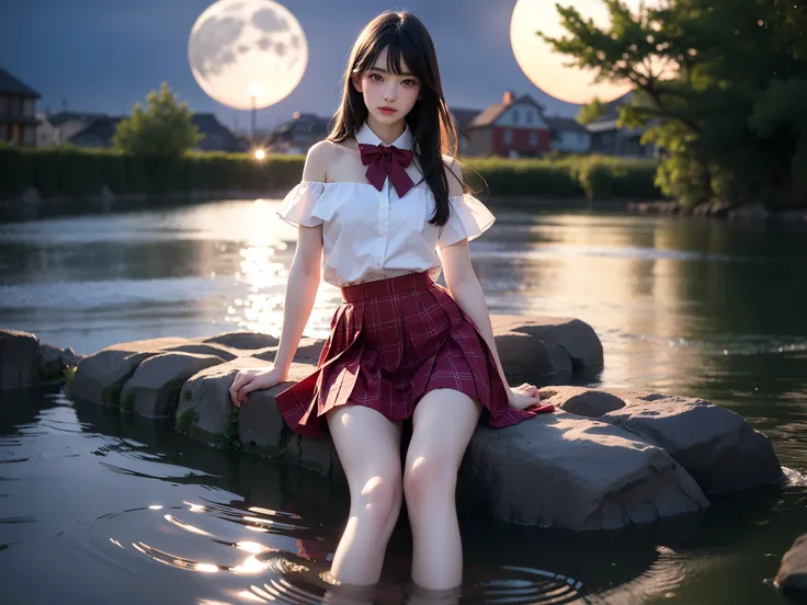 jk suit
plaid skirt
pleated skirt
shirt
bowtie (High quality details), 1 Girl, solo, Young women, Elegant Posture, ((night, moonlight)), (Female figure，Lying in the water naturally，River Water，rock, Relaxed expression), (Focus on natural body posture and c...