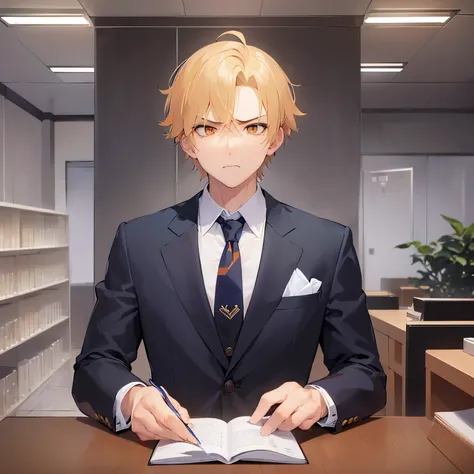 upper body、shiny skin、masterpiece、Best Quality、break (2 male:1.5) and (Blonde short hair) and (Orange eyes), (Wearing a suit:1.3) and (tie) break 立っている、(scowl:1.3)、The background is the office、(alone:1.5)、The upper body is shown、
