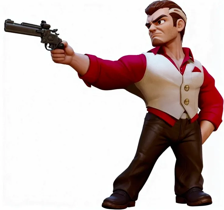 A gangster with a revolver in his right hand, a ferocious expression, real hair texture, right hand in his pocket, deep eyes, red shirt, white vest, brown pants, leather shoes, metal texture pistol, more clothing details, realistic clothing folds, cartoon ...