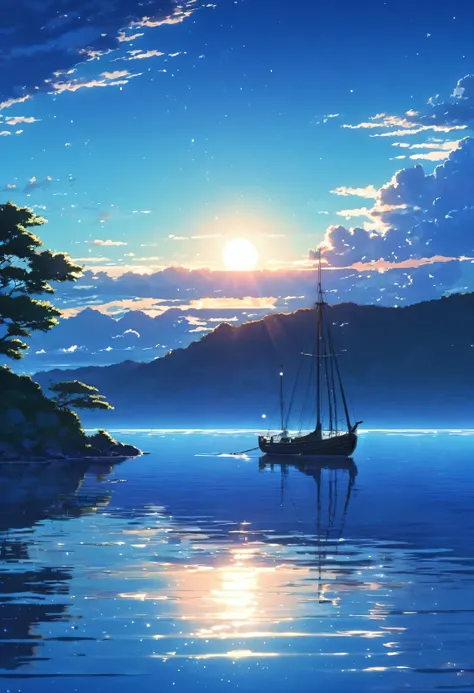 Anime Landscape，Sunset，There is a boat on the calm lake, Universe sky. by Shinkai Makoto, Shinkai Makoto. —h 2160, Blue sea. by Shinkai Makoto, Anime beautiful peaceful scene, Detailed scenery —width 672, Shinkai Makoto!, Anime Landscape Wallpaper, style o...