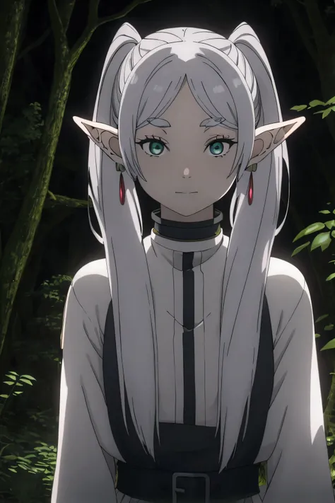 1girl,solo,elf,white hair,grey hair,earrings,pointy ears,long hair,ponytail,green eyes,twintails,parted bangs,thick eyebrows, full-length, far from the viewer. There is more landscape in the picture, the girl levitates in the air with the help of magic. th...