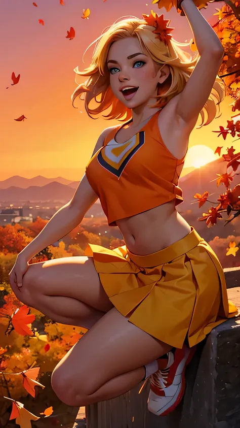 1girl, 1, college cheerleader, blonde hair, multicolored hair, tan skin, pom pom (cheerleading), autumn leaves, orange sky, autumn, sunset, falling leaves, leaf, maple leaf, orange background, twilight, ginkgo leaf, yellow sky, bust, petals, solo, evening,...