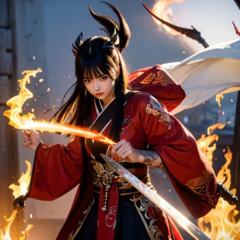 beautiful devil, fire, smoke, tattoo, sword, wolf, red kimono