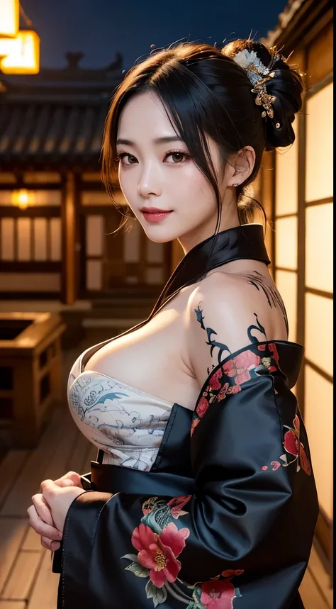 8K Ultra HD, Digital SLR,Film Grain, Fujifilm XT3,(Best Quality:1.3), (masterpiece:1.1), High resolution, Cinematic Light, Intricate details, (Realistic) (Night view) Realistic backlight、Dramatic reddish light、Beautiful Japanese Geisha full body photo, ((F...