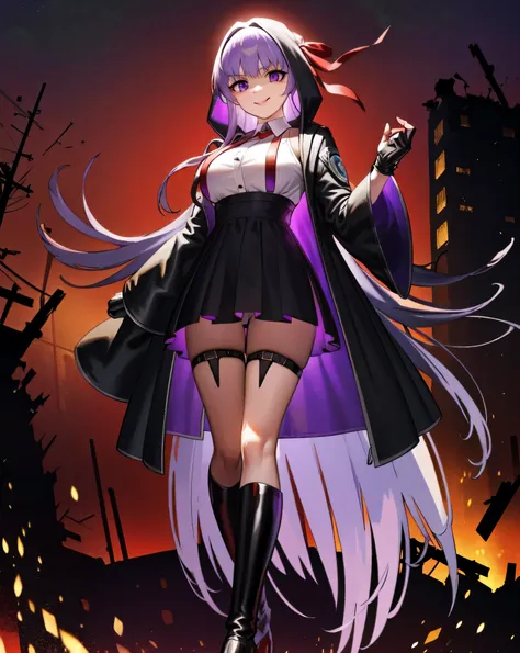 isoscale, mid shot,  night, ,,, purple hair, black jacket, white shirt, black skirt, red ribbon, big breasts, purple eyes, white...