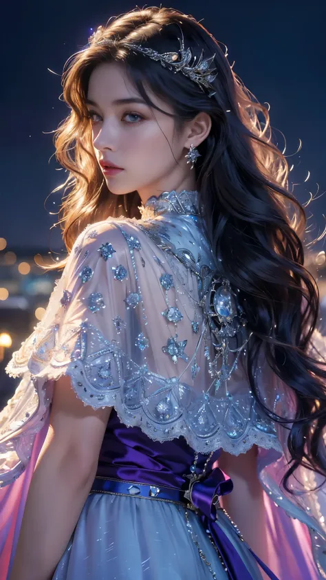 Top quality, masterpiece, ultra high definition, Original photo, 1 Girl, ((wavy sardine)), cinematic lighting, very long hair, detailed eyes, wind, necklace, piercing, ((knighthood cospaly)), ((wavy clothing)), purple clothing, ((wavy lace)), ((wavy dual c...