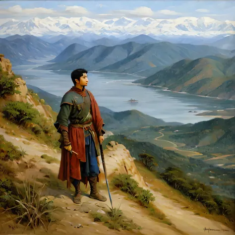 A painting of hills, vast ocean view (focal point), and sky, with 1 with a medieval adventurer (center of interest), male, Asian, handsome, rugged costume, carrying sword, sitting on the side of hills, dramatic, blurred.