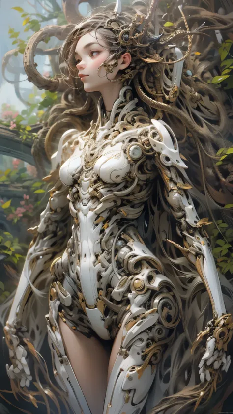 ((Best Quality)),(Ultra-high resolution),(Super detailed),(Detailed Description),((The best CG)),(masterpiece),Highly detailed art,(Art with precise detail:1.5), A female android lifeform with an exoskeleton resembling twisted vines and roots., Biomechanic...