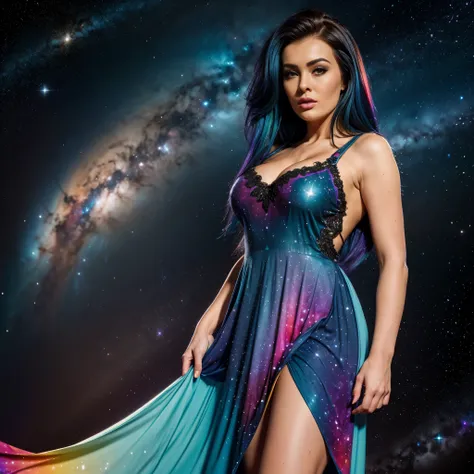 women with rainbow colored hair and detailed teal dress armor, standing, rainbow colored cosmic nebula background, stars, galaxies, intricate details, perfect face, charley.atwell 