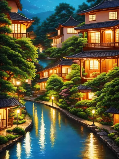 Unique paintings that heal the soul，8k,Rich in details、A house across a small river々The street lights that illuminate