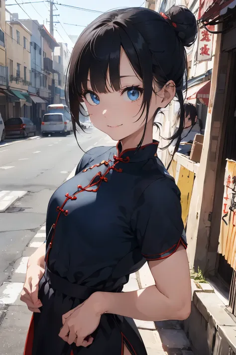 ((Top Quality)), ((Excellent)), (Detailed),((Taiwanese)), Hyper-Realistic, Stunning Environment, , ((Blue Eyes)), Black Hair, (Childish Face), ((Shy Smile)), (Twin Buns), ((Close Up)), Medium Breasts, ((Red Cheongsam)), ((Chinatown)), (Extreme Close Up), T...