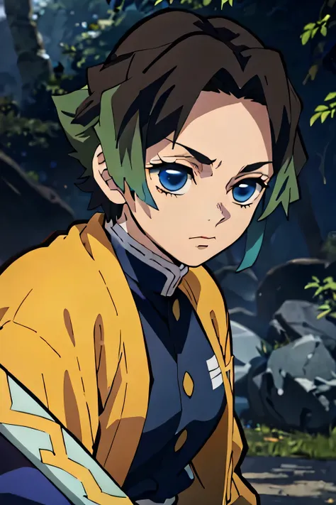 A detailed, brown hair and striking green highlights, dressed in the style of the Demon Slayer anime, blue clothes, holding a katana sword, beautiful blue detailed eyes, extremely detailed eyes and face, intricate hairstyle, portrait, highly detailed, 8k, ...