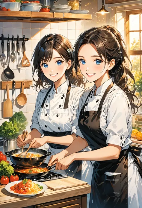 rating_safe, score_9, score_8_up, score_7_up, score_6_up, score_5_up, score_4_up, hires, cover page, Cuisine Information Journal, highres(lovers, housekeeper girl, cooking, wolf husband)Newlyweds, kitchen, smile, cinematic lighting,