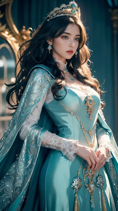 Top quality, masterpiece, ultra high definition, Original photo, 1 Girl, ((wavy sardine)), cinematic lighting, very long hair, detailed eyes, wind, necklace, piercing, ((knighthood cospaly)), ((wavy clothing)), ((teal clothing)), ((wavy lace)), ((wavy dual...