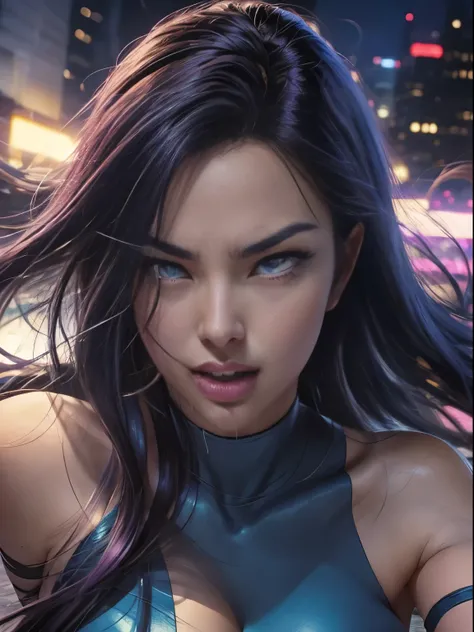 ((SUPERHEROINE PSYLOCKE )) , ((She has long hair)), (She is wearing her uniform), (masterpiece, best quality) 1girl, Alone, (sexy, Pretty woman, Perfect face, perfect eyes), image of 1/2 body , (PSYLOCKE, ahegao, rolling eyes, drooling), dynamic pose, supe...