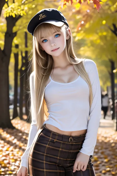 masterpiece,Best Quality,Very detailed,beautiful girl, teenager,Casual clothing,hat,autumn leaves,Small breasts,Narrow waist,Straight blonde hair,Perfect Blue Eyes,Very cute,Active pose