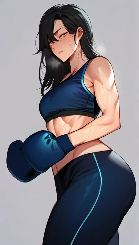 black hair,masterpiece,best quality,highres,ultra-detailed,aashizue,yellow eyes,long hair,(sports bra:1.2), boxing gloves, toned, muscular,sweating, (sleeveless:1.4)