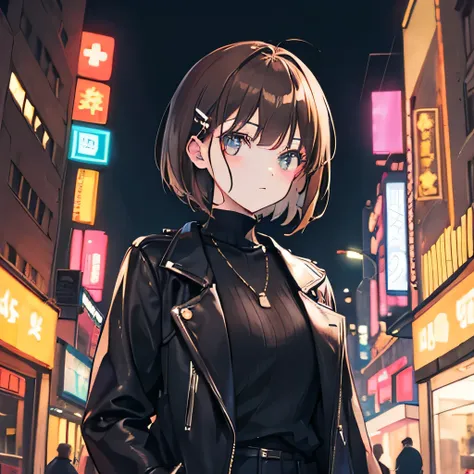 woman，Brown Hair，Short Hair，hairpin，Fashionable clothes，Black sweater，Coat，accessories，Neon Signs