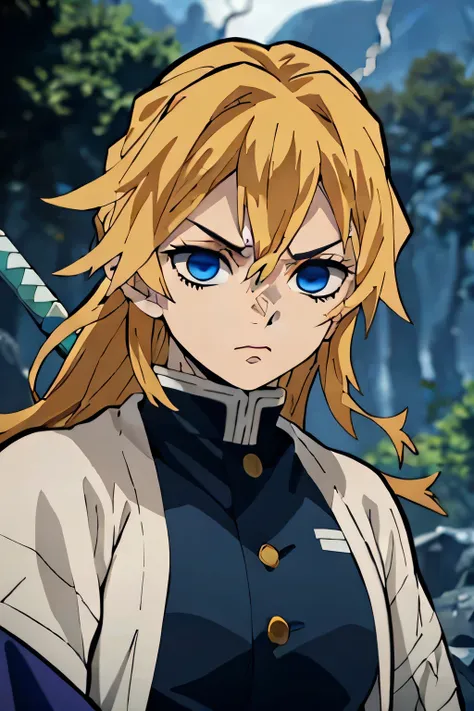 A detailed, blonde hair and striking green highlights, dressed in the style of the Demon Slayer anime, blue clothes, holding a katana sword, beautiful blue detailed eyes, extremely detailed eyes and face, intricate hairstyle, portrait, highly detailed, 8k,...