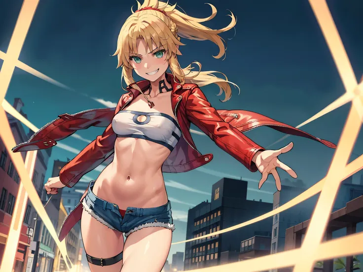 Masterpiece, Best Quality, illustration, city street, 1girl, Mordred (fate), cowboy shot, collarbone, Detailed blond hair ponytail braid, green eyes, Red leather jacket, White short blouse, denim shorts,navel,thigh-high,grin,(covered_nipples:0.6), (covered...