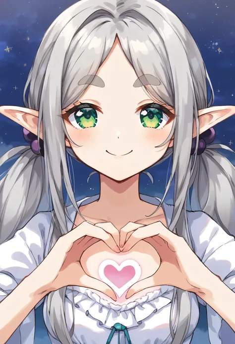 masterpiece, Best Quality, (figure), Alone, Freeze, Pointed Ears, Twin tails, Green Eyes, Elf, Long Hair, Gray Hair, Thick eyebrows, Parted bangs, chest, Standing, upper body, smile, (View your viewers), (close_up:0.85), (Heart Hands:1.3), 