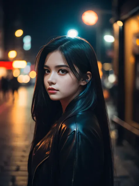 “city street at night, neon lights, misty atmosphere, close-up portrait of a beautiful young woman with long flowing hair, wearing stylish dark clothes, cinematic lighting, shallow depth of field, bokeh background, soft focus on the face”