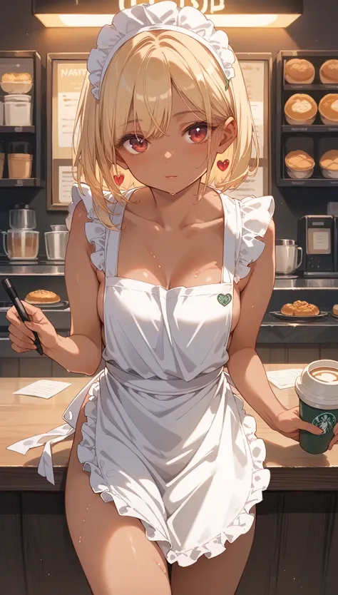 (masterpiece, Best Quality:1.2), One girl, Alone,Dark Skin,Sweaty skin,Maid(Nude Apron:1.7),Coffee Shop,Open Pose:1.7